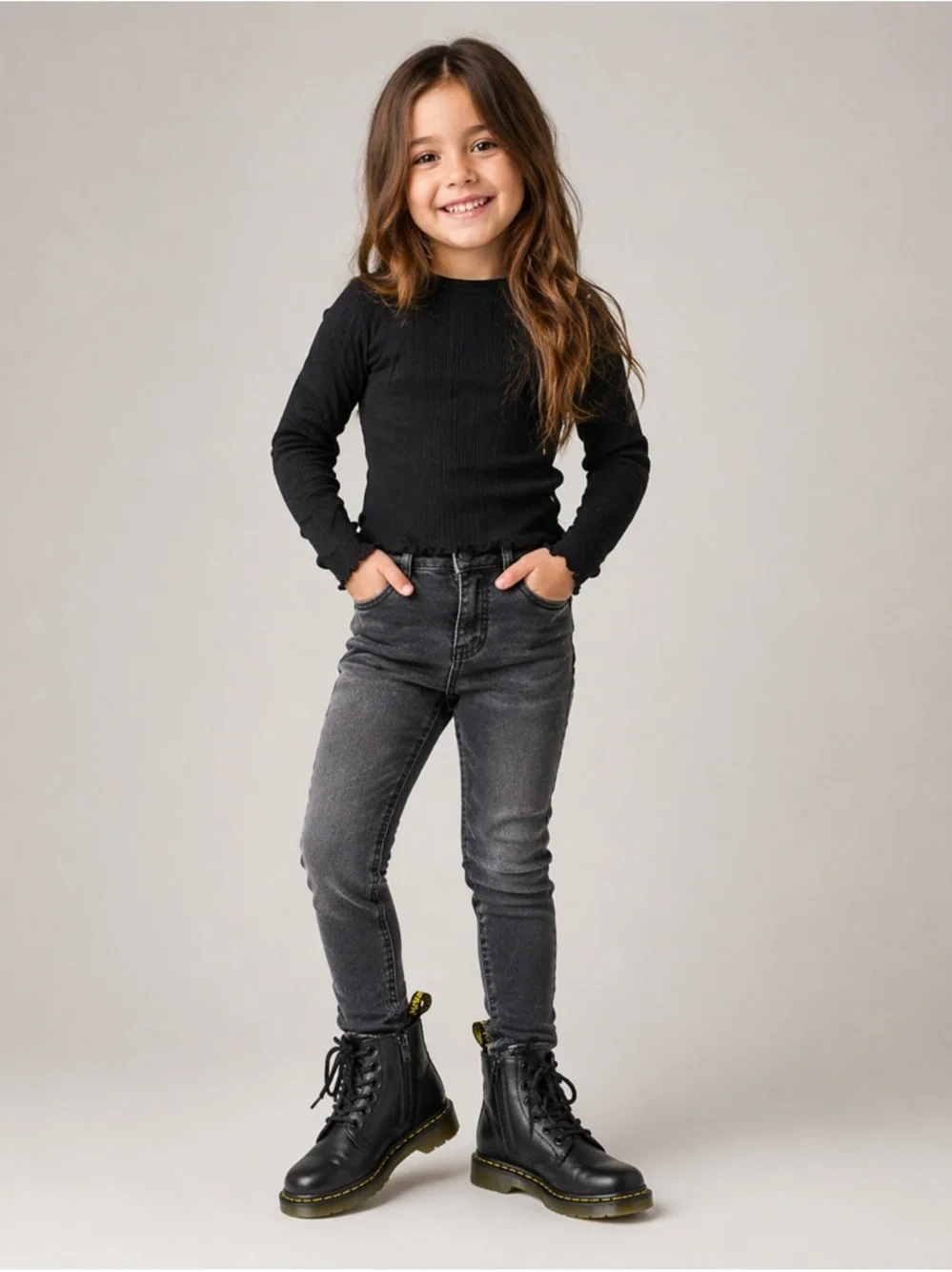 Dr. Martens Kids Black Leather Lace-Up Boots Size 13